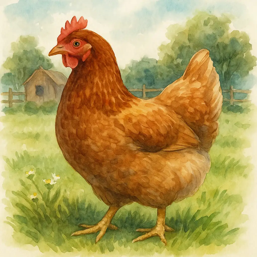 A hand-painted watercolour illustration of a brown hen standing in green grass with a wooden chicken coop and trees in the background, under a blue sky