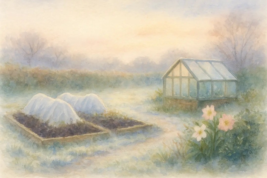 Hand-painted pastel watercolour of a UK winter garden with mulched beds, fleece cloches and a small greenhouse at dawn on a frosty morning.