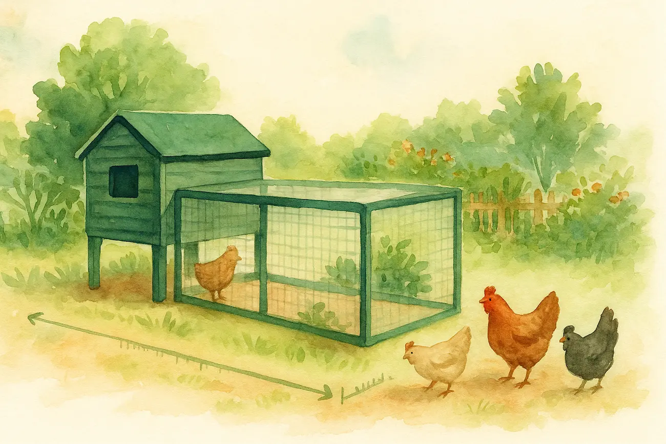 Hand-painted watercolour of a UK back garden with a raised chicken coop and fenced run, two hens, shrubs and a subtle tape-measure motif — cover for the Coop & Run Size Calculator.