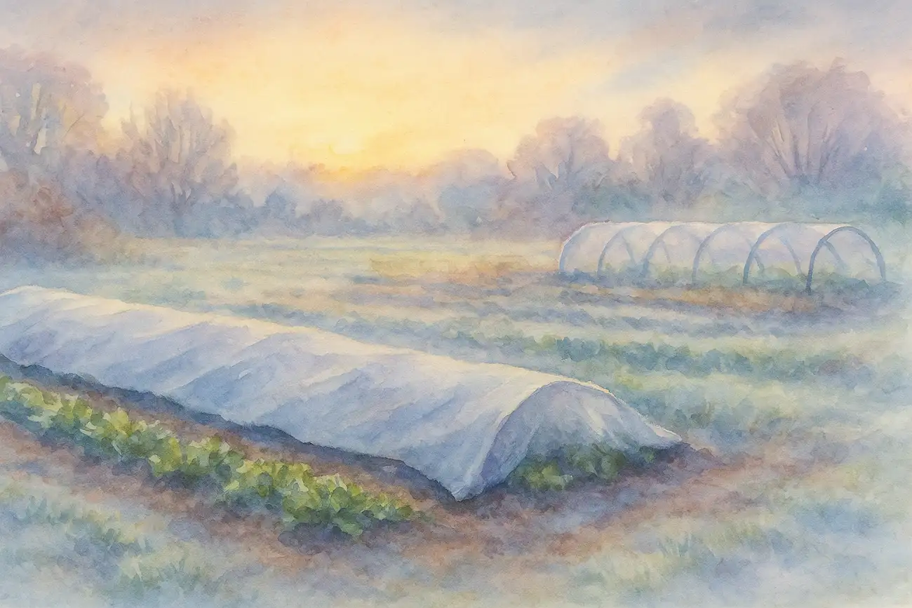Pastel watercolour of winter salad rows under horticultural fleece with a low cloche at dawn