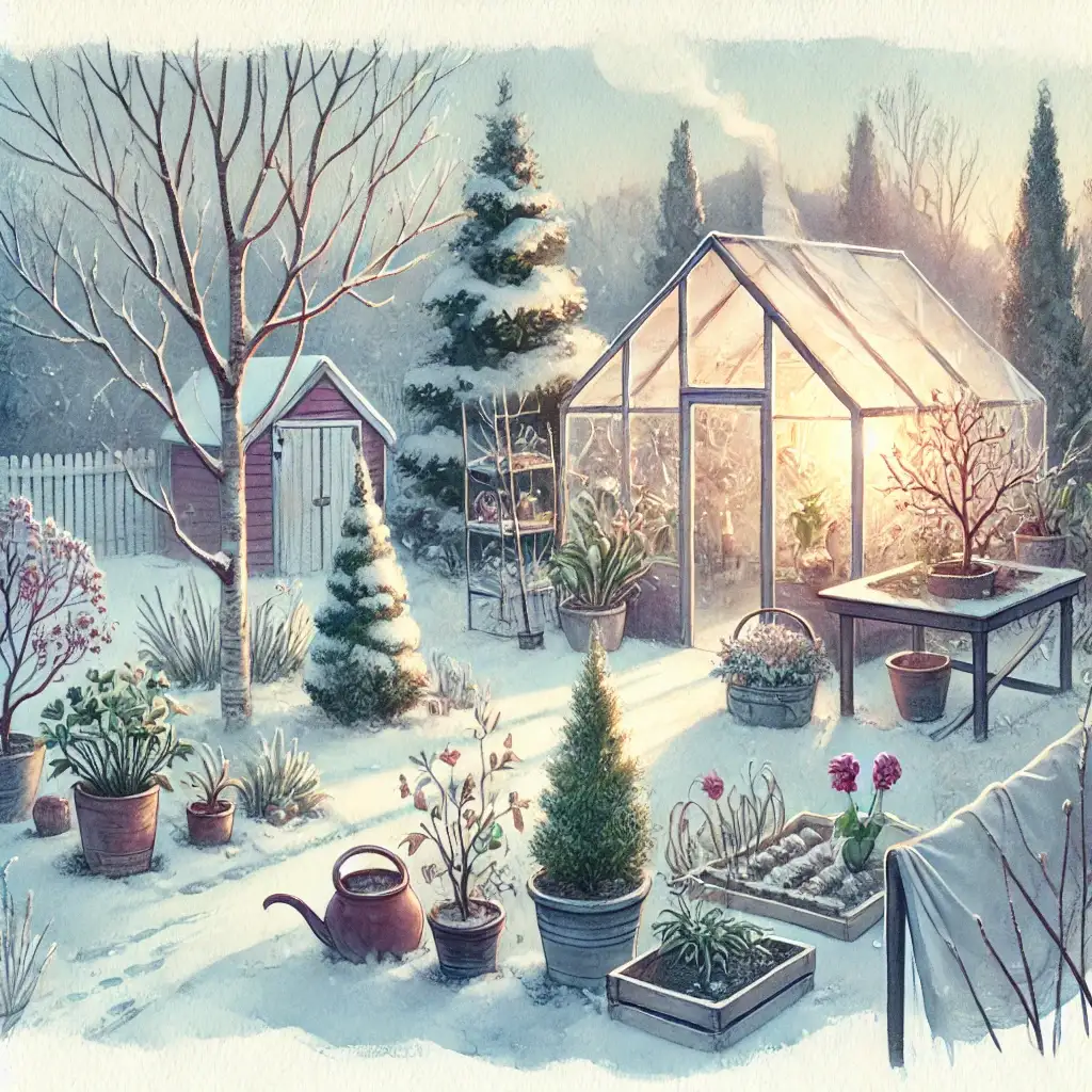 Image of a greenhouse in winter protecting plants from frost