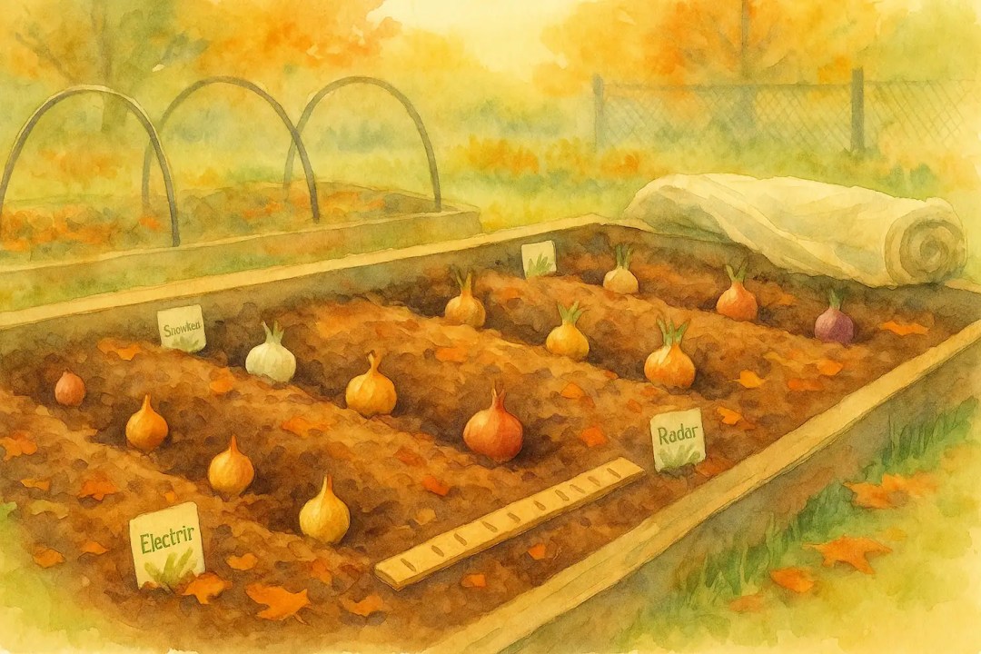 Overwintering onion sets planted on shallow ridges in a UK raised bed (Zone 8a), 10 cm spacing and light mulch visible.